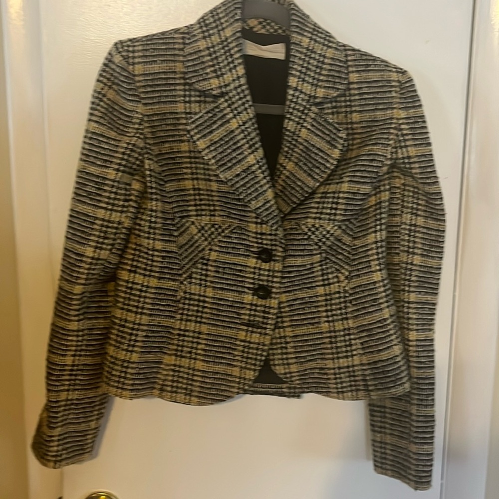 Valentino black-and-white plaid yellow green tweed three button blazer wool